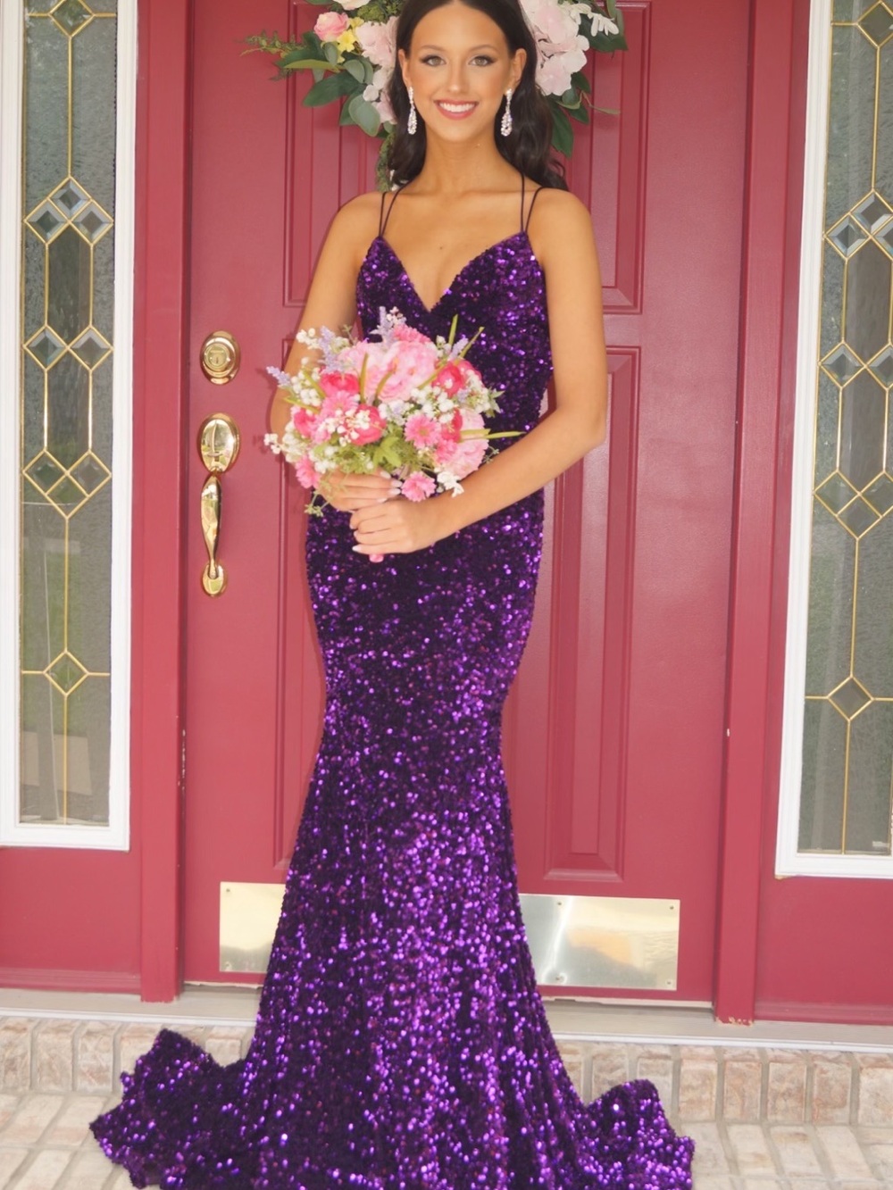 Sherri Hill Purple Sequin Spaghetti-Strap Prom Gown